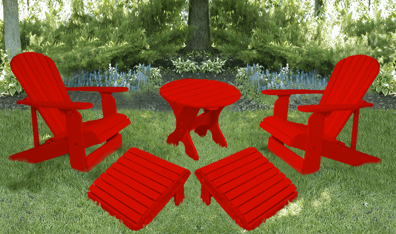 Red Poly-Luxe 100% Recycled Plastic Royal Complete Patio Set 2 Adirondack Royal Chairs, 2 Royal Adirondack Footstools Ottomans and 1 Adirondack Round Table