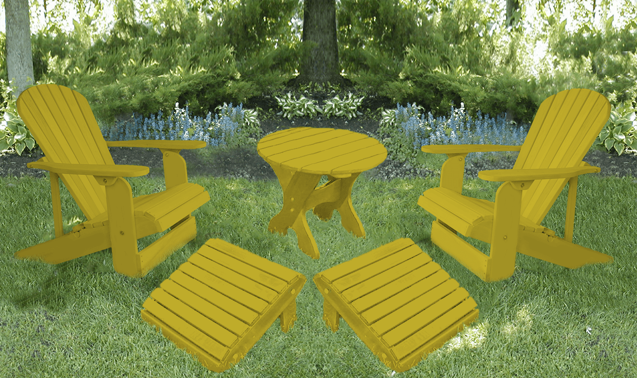 Lemon Yellow Poly-Luxe 100% Recycled Plastic Royal Complete Patio Set 2 Adirondack Royal Chairs, 2 Royal Adirondack Footstools Ottomans and 1 Adirondack Round Table